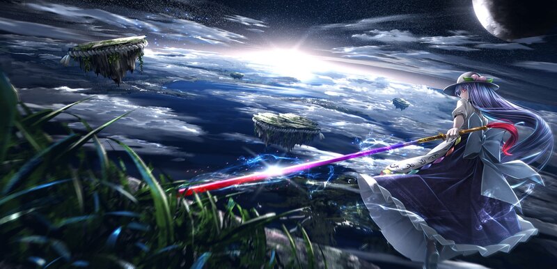 Anime Girl with Sword — Purple, Dramatic, Night, Digital Art, Floating Islands