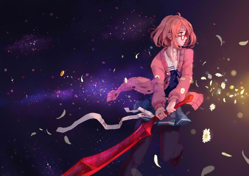 Anime Girl with Sword — Purple, Dramatic, Night, Digital Art, Flowers