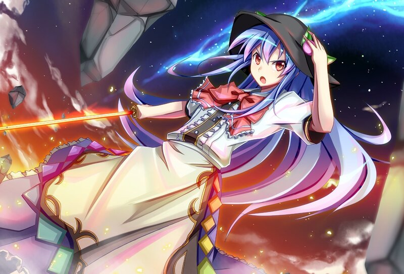 Anime Girl with Sword — Purple, Dramatic, Night, Digital Art, Hat