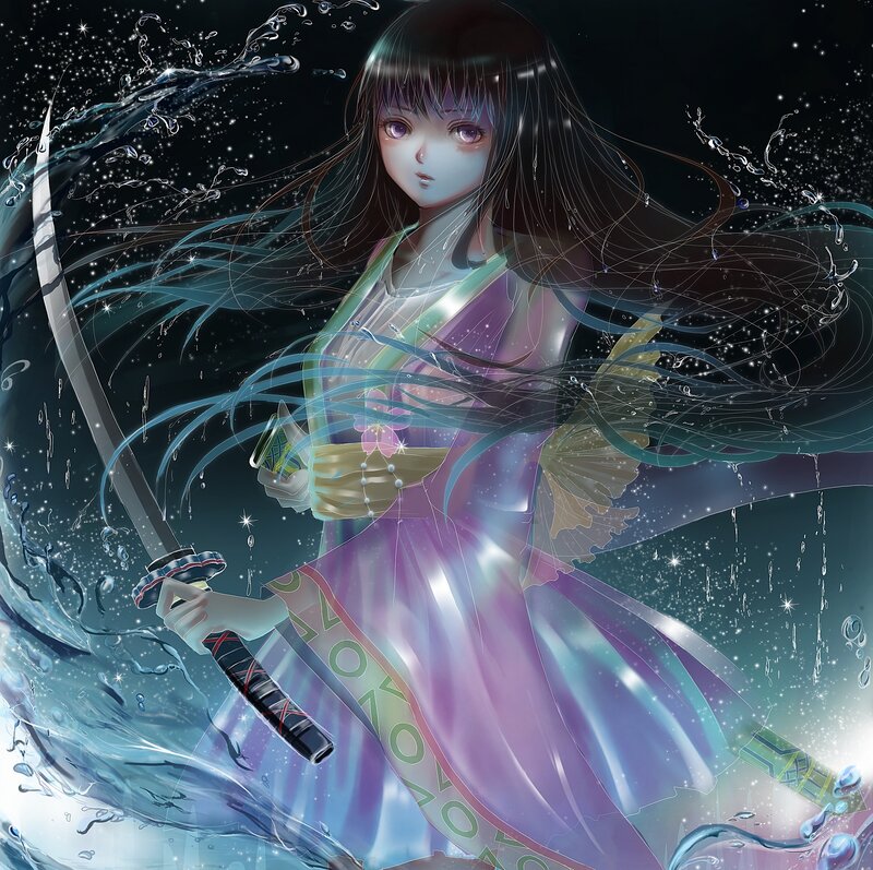 Anime Girl with Sword — Purple, Dramatic, Night, Digital Art, Kimono