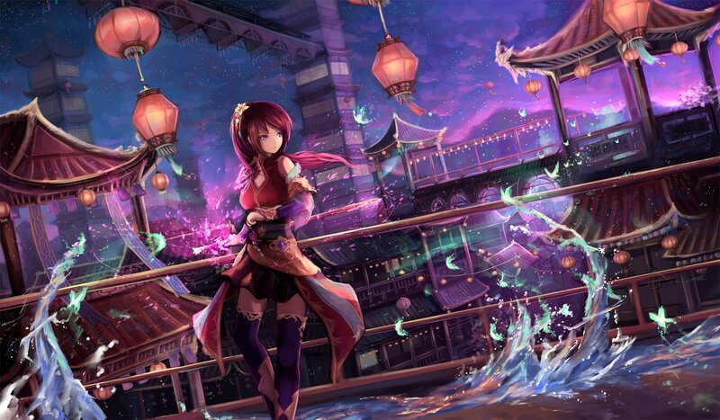 Anime Girl with Sword — Purple, Dramatic, Night, Digital Art, Lanterns