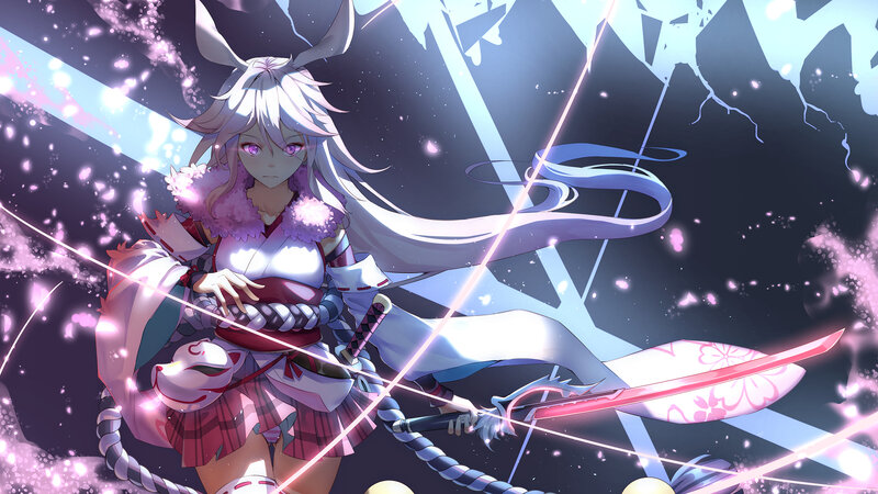 Anime Girl with Sword — Purple, Dramatic, Night, Digital Art, Mask, Bunny Ears