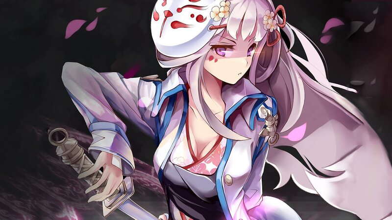 Anime Girl with Sword — Purple, Dramatic, Night, Digital Art, Mask, Flower