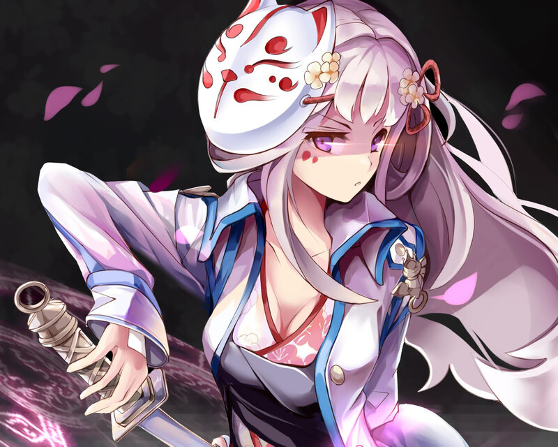Anime Girl with Sword — Purple, Dramatic, Night, Digital Art, Mask