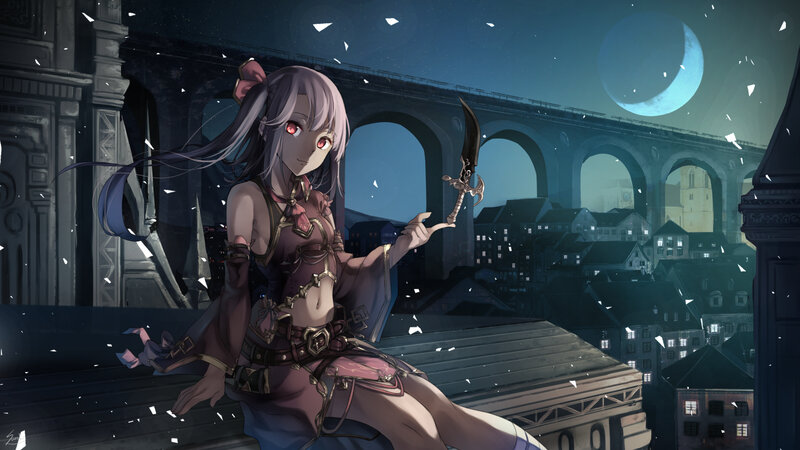 Anime Girl with Sword — Purple, Dramatic, Night, Digital Art, Moon, Bridge