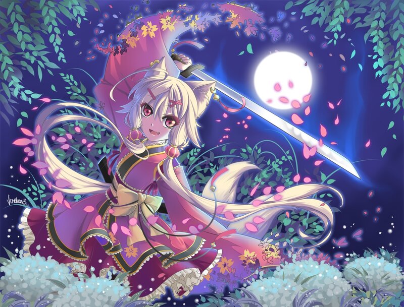 Anime Girl with Sword — Purple, Dramatic, Night, Digital Art, Moon, Flowers