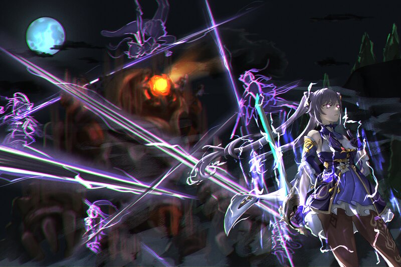 Anime Girl with Sword — Purple, Dramatic, Night, Digital Art, Moon, Monster