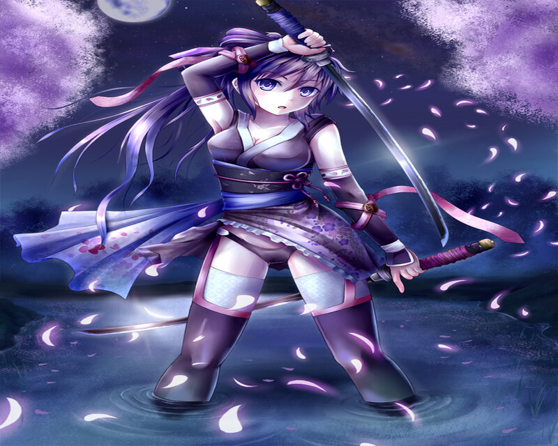 Anime Girl with Sword — Purple, Dramatic, Night, Digital Art, Moon, Petals