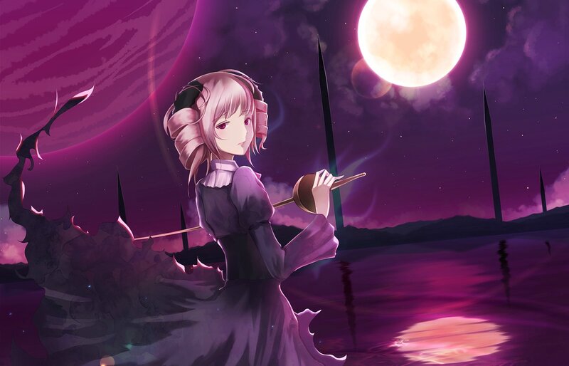 Anime Girl with Sword — Purple, Dramatic, Night, Digital Art, Moon, Water
