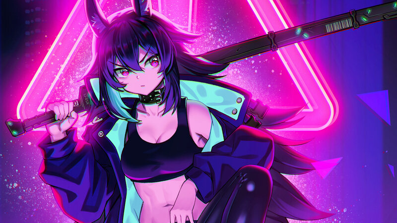 Anime Girl with Sword — Purple, Dramatic, Night, Digital Art, Neon Lights