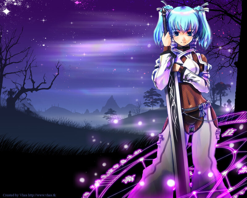 Anime Girl with Sword — Purple, Dramatic, Night, Digital Art, Pigtails