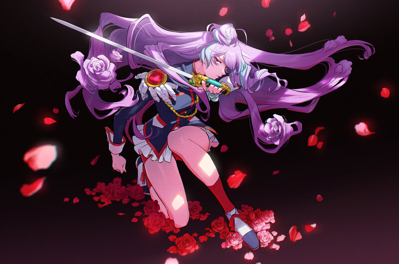 Anime Girl with Sword — Purple, Dramatic, Night, Digital Art, Roses, Petals