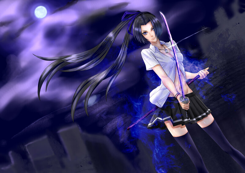 Anime Girl with Sword — Purple, Dramatic, Night, Digital Art, Skirt