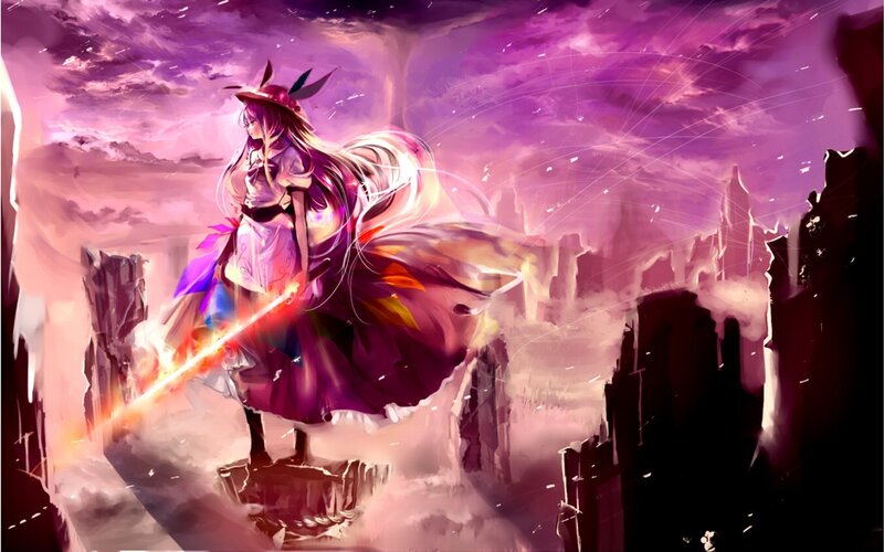 Anime Girl with Sword — Purple, Dramatic, Night, Digital Art, Skyscraper Ruins, Purple Sky, Pink, White