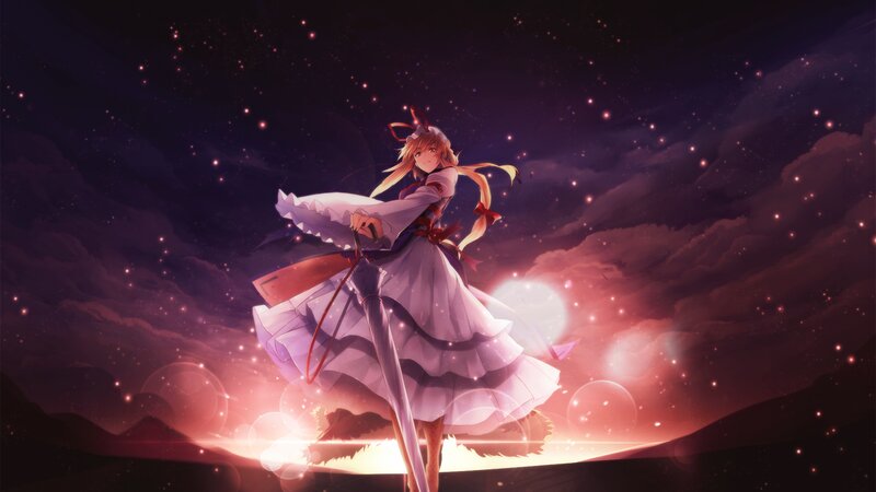 Anime Girl with Sword — Purple, Dramatic, Night, Digital Art, Stars