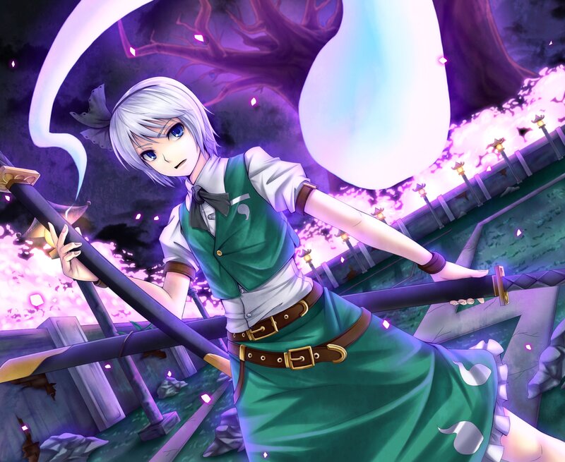 Anime Girl with Sword — Purple, Dramatic, Night, Digital Art, Tree