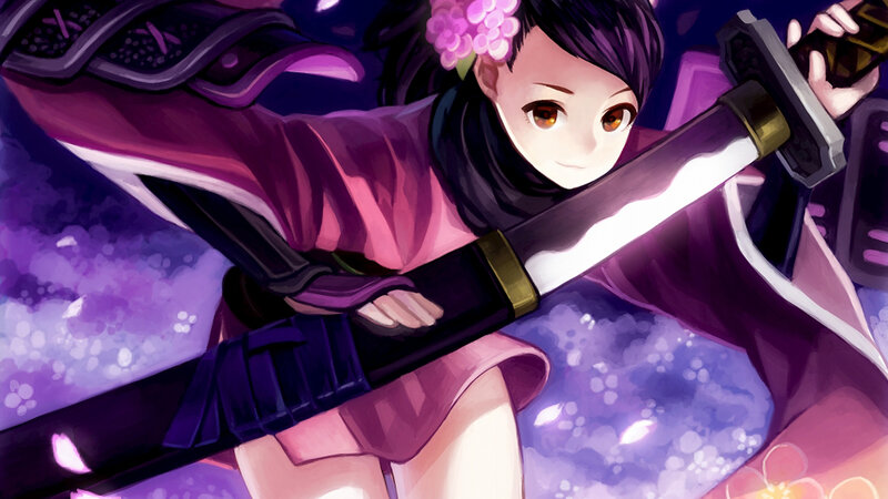 Anime Girl with Sword — Purple, Dramatic, Night, Flowers