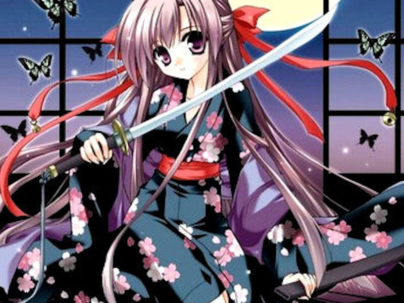 Anime Girl with Sword — Purple, Dramatic, Night, Manga, Butterflies