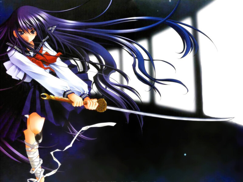 Anime Girl with Sword — Purple, Dramatic, Night, Manga, School Uniform