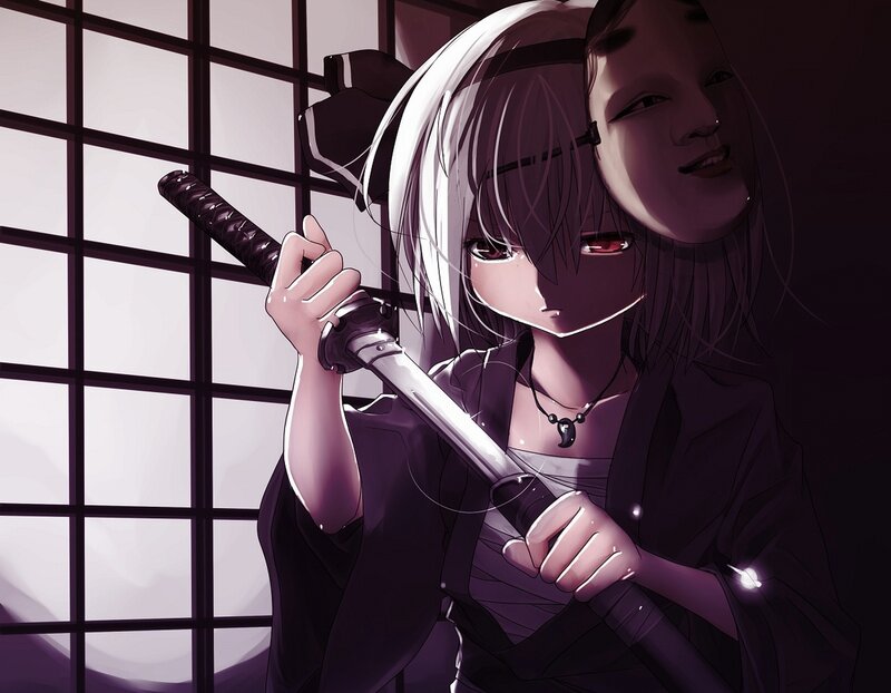 Anime Girl with Sword — Purple, Dramatic, Night, Mask