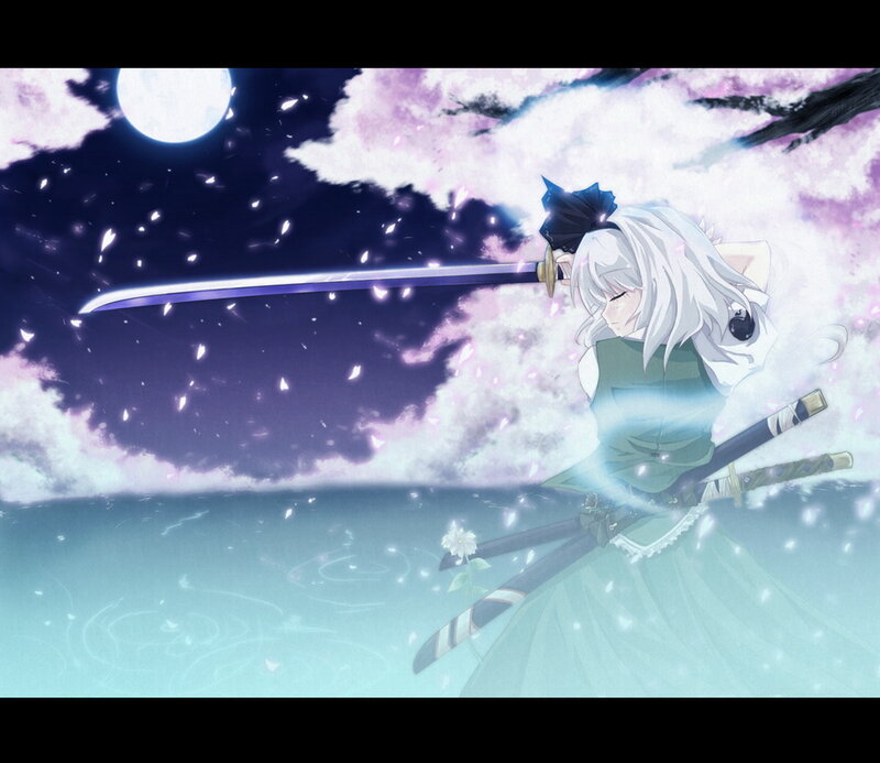 Anime Girl with Sword — Purple, Dramatic, Night, Moon, Cherry Blossoms