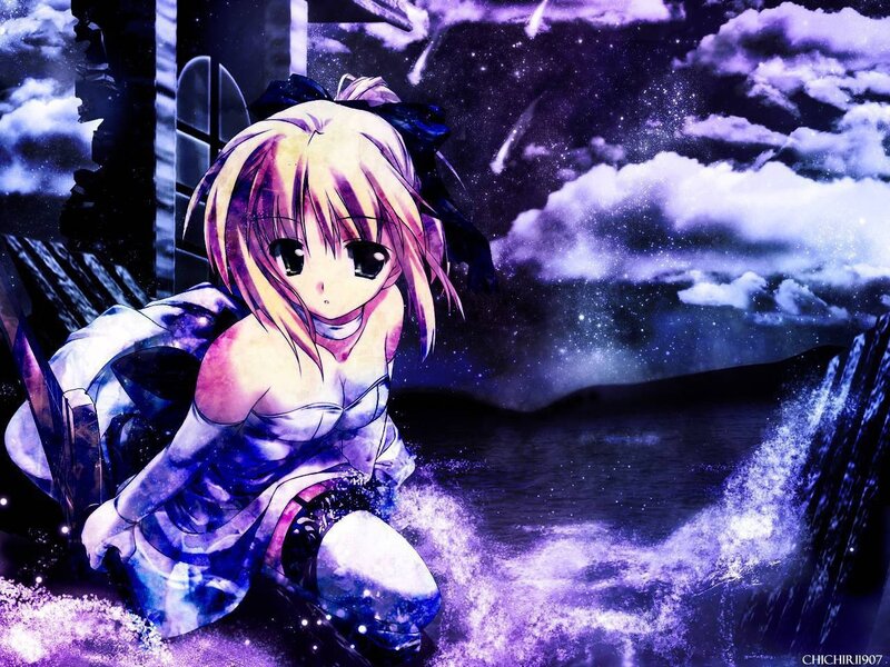 Anime Girl with Sword — Purple, Dramatic, Night