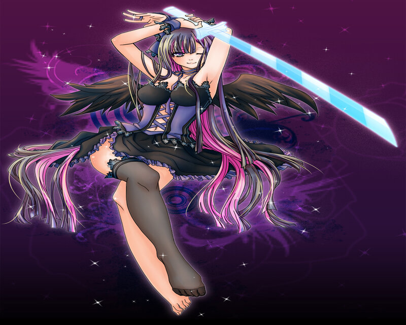 Anime Girl with Sword — Purple, Dramatic, Night, Wings