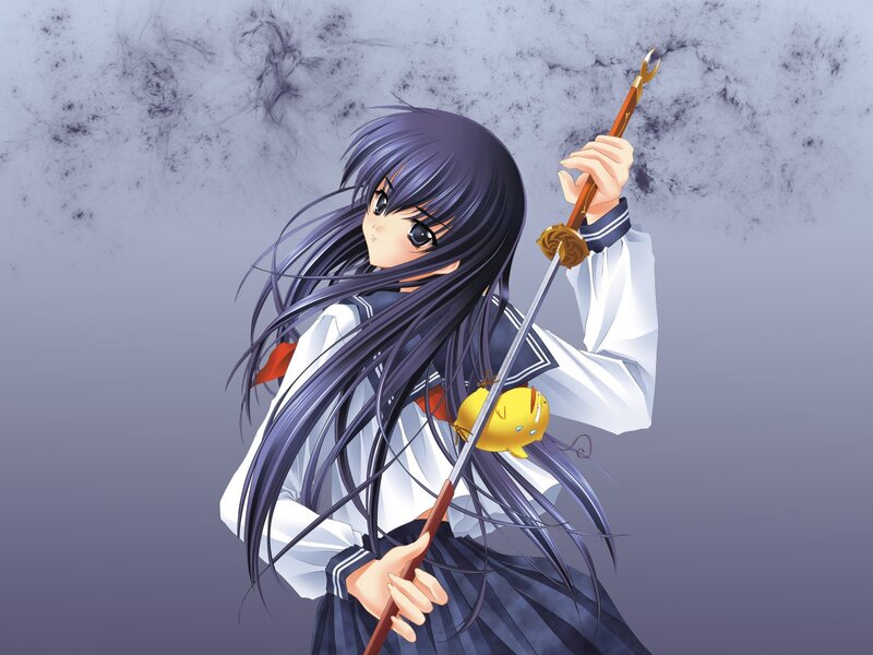 Anime Girl with Sword — Purple, Dramatic, School Uniform, Yellow Bird