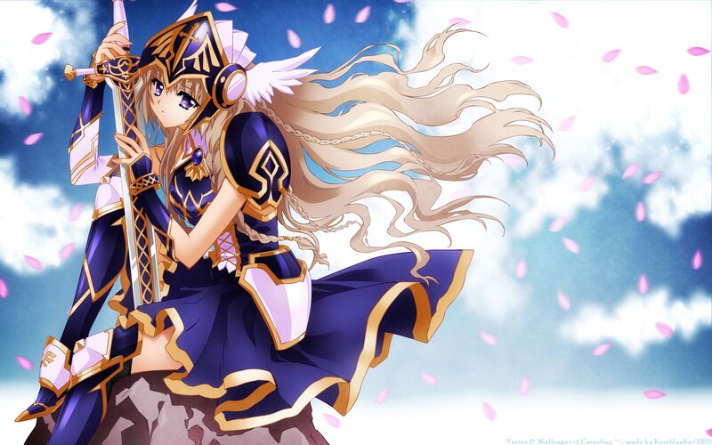 Anime Girl with Sword — Purple, Dramatic, Spring, Digital Art, Cherry Blossoms, Clouds