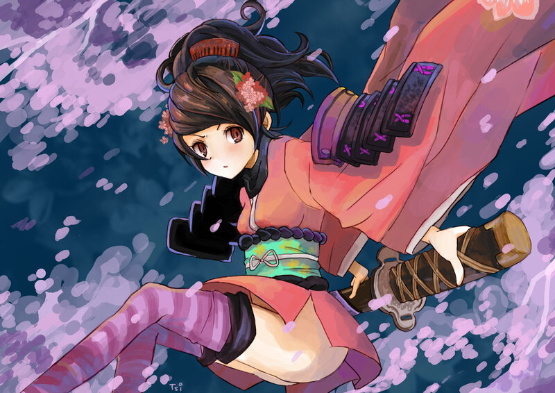 Anime Girl with Sword — Purple, Dramatic, Spring, Digital Art, Cherry Blossoms, Kimono