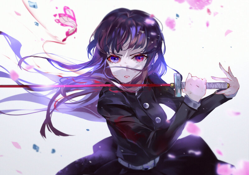 Anime Girl with Sword — Purple, Dramatic, Spring, Digital Art, Cherry Blossoms