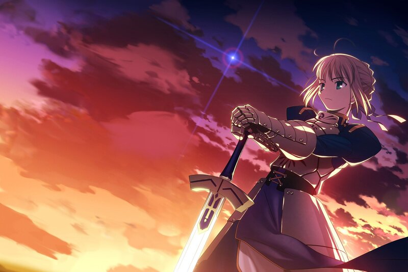 Anime Girl with Sword — Purple, Dramatic, Sunset, Armor, Sky