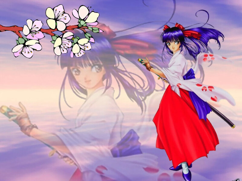 Anime Girl with Sword — Purple, Dramatic, Sunset, Cherry Blossoms