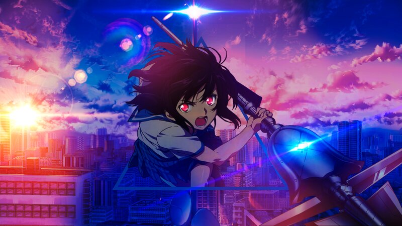 Anime Girl with Sword — Purple, Dramatic, Sunset, City Skyline, Mech