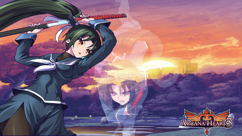 Anime Girl with Sword — Purple, Dramatic, Sunset, City