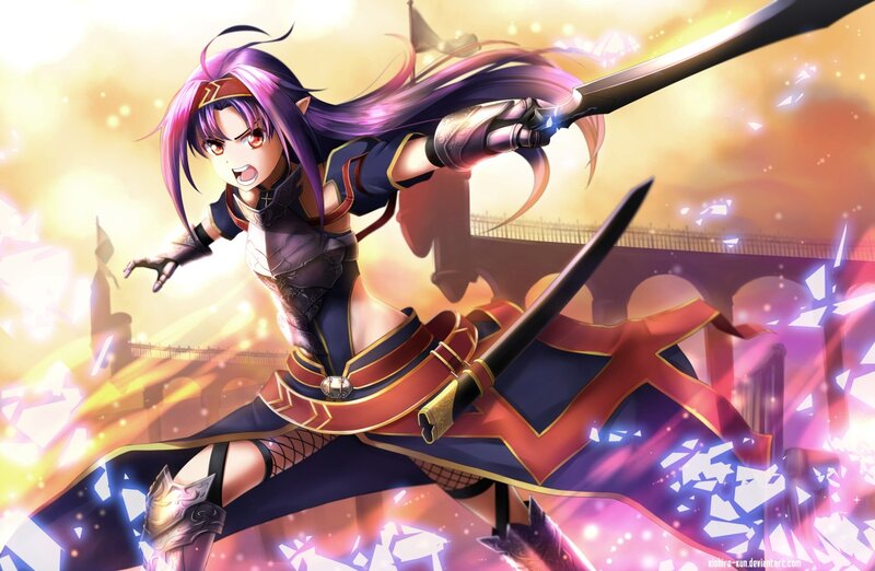 Anime Girl with Sword — Purple, Dramatic, Sunset, Digital Art, Armor