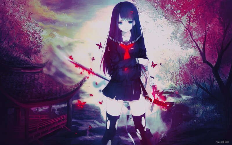 Anime Girl with Sword — Purple, Dramatic, Sunset, Digital Art, Butterflies