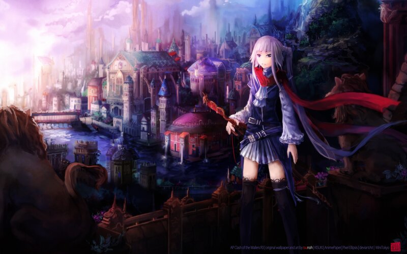 Anime Girl with Sword — Purple, Dramatic, Sunset, Digital Art, Castle, City