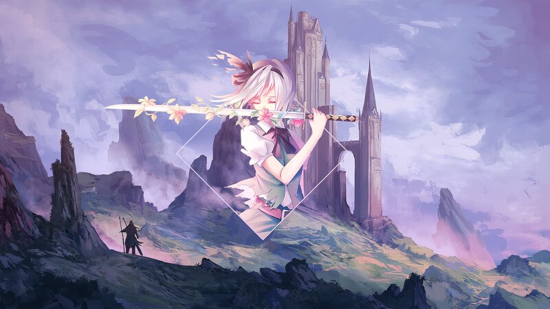 Anime Girl with Sword — Purple, Dramatic, Sunset, Digital Art, Castle, Mountains