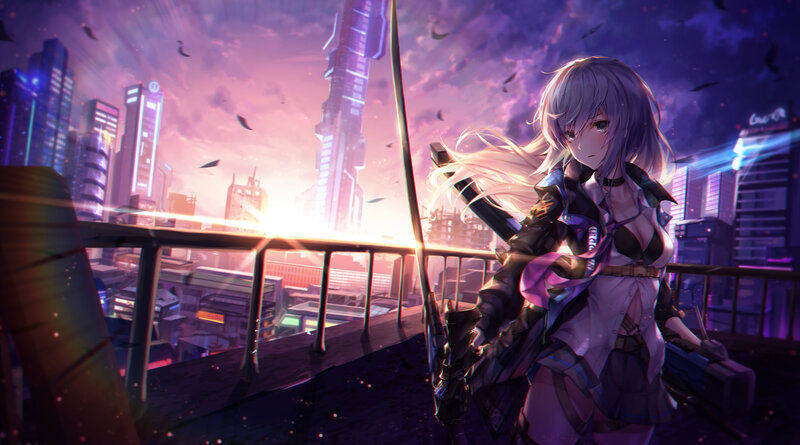 Anime Girl with Sword — Purple, Dramatic, Sunset, Digital Art, City Skyline