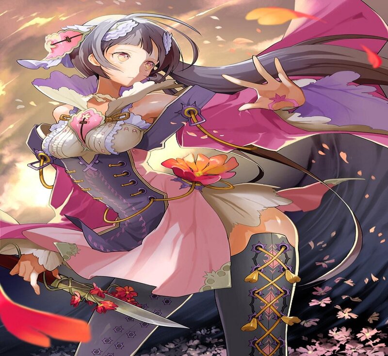 Anime Girl with Sword — Purple, Dramatic, Sunset, Digital Art, Flower Petals