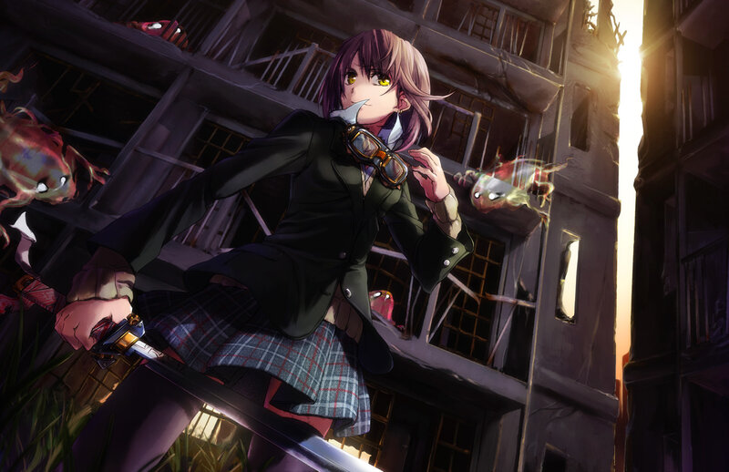 Anime Girl with Sword — Purple, Dramatic, Sunset, Digital Art, Goggles
