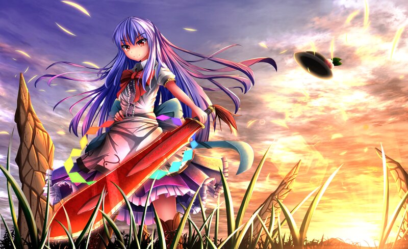 Anime Girl with Sword — Purple, Dramatic, Sunset, Digital Art, Hat