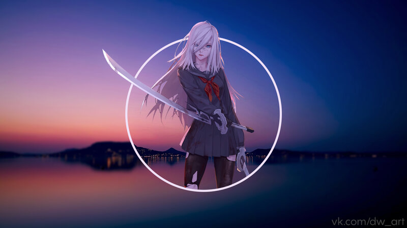Anime Girl with Sword — Purple, Dramatic, Sunset, Digital Art, Skirt, Hair