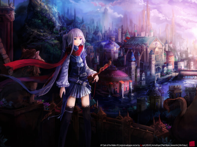 Anime Girl with Sword — Purple, Dramatic, Sunset, Digital Art