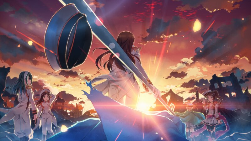 Anime Girl with Sword — Purple, Dramatic, Sunset, Ruins