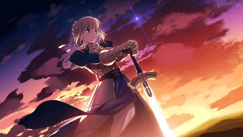 Anime Girl with Sword — Purple, Dramatic, Sunset, Sky, Clouds