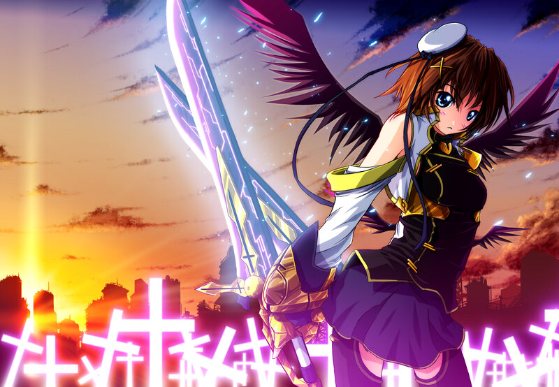 Anime Girl with Sword — Purple, Dramatic, Sunset, Wings