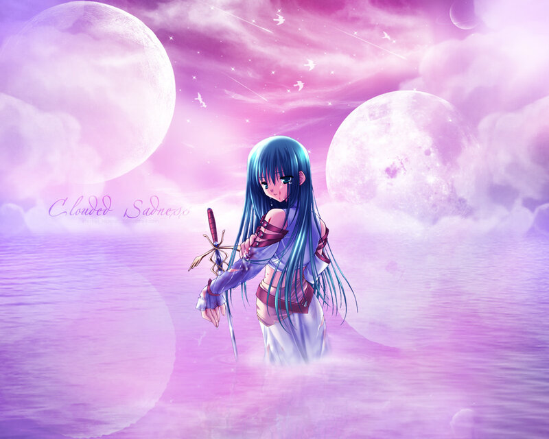 Anime Girl with Sword — Purple, Dreamy, Night, Digital Art