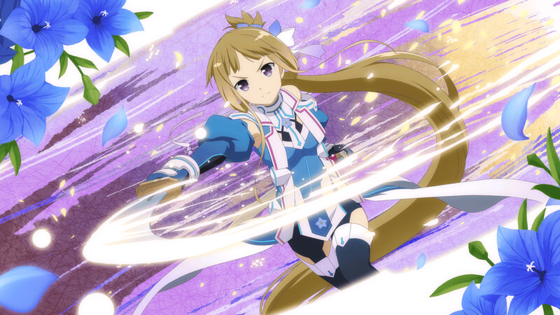 Anime Girl with Sword — Purple, Dynamic, Blue Flowers